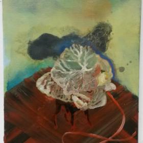 Hersenhond II, 30 × 24 cm, olie, acryl op doek