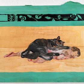 Droom poes, 2022, 23 × 38 cm, olie, acryl op verpakking