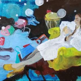 Gele fauteuil, 2020, 18 × 24 cm, olie, acryl op doek 
