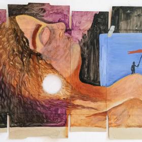 Uitzicht, 2016, 33 × 51 cm, olie op verpakking
