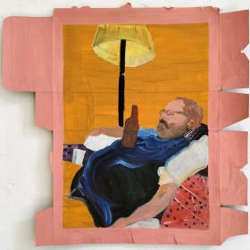 Nootje, 2022, 48,5 × 49 cm, olie, acryl op verpakking