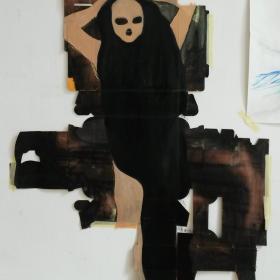 Ik ben er weer, 97 × 50 cm olie, lak op verpakking
