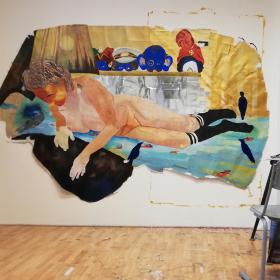 Blauwe Snave,l 140 x 255 cm, olie, acryl, aluminium tape op verpakingen en katoen