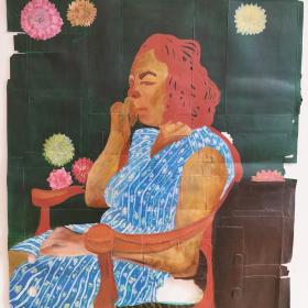 De Neuspeuter, 2019, 92 × 73 cm, olie op verpakkingsmateriaal en doek
